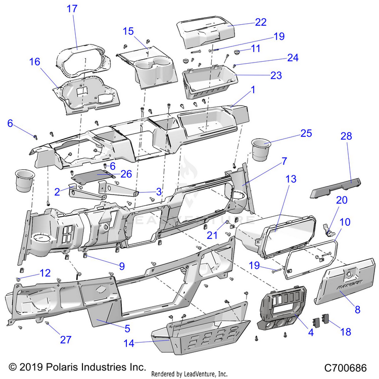 An Image of a Genuine Polaris Parts Schematic Diagram showing the schematic - BODY: DASH STD - 2020 POLARIS RANGER CREW XP 1000 BACK COUNTRY FACTORY CHOICE