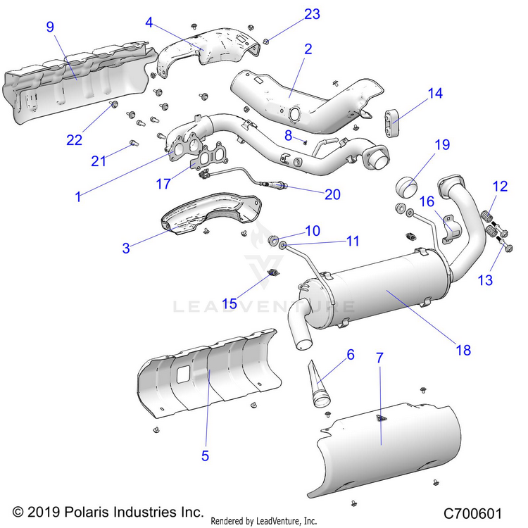 An Image of a Genuine Polaris Parts Schematic Diagram showing the schematic - ENGINE: EXHAUST SYSTEM - 2020 POLARIS RANGER CREW 1000 FULL SIZE EPS FO