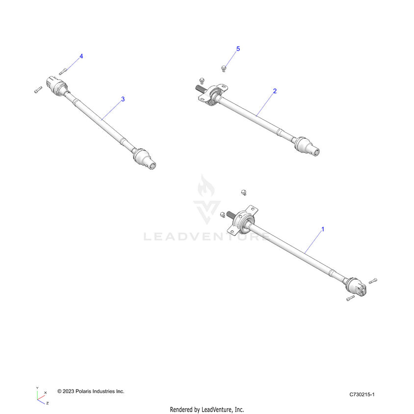 An Image of a Genuine Polaris Parts Schematic Diagram showing the schematic - DRIVE TRAIN: FRONT MID REAR PROP SHAFT - 2025 POLARIS RANGER 1000 XP CREW NORTHSTAR PREMIUM
