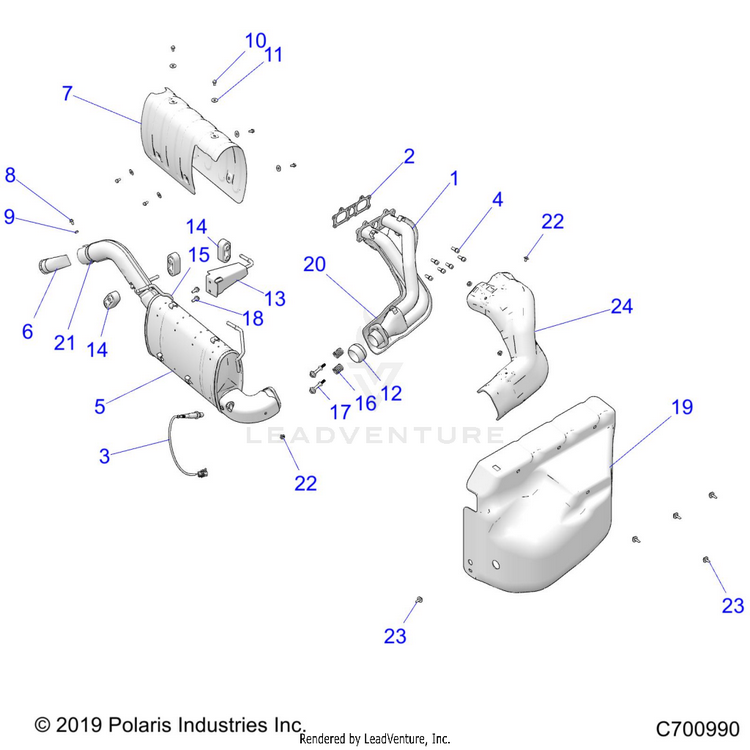 An Image of a Genuine Polaris Parts Schematic Diagram showing the schematic - ENGINE: EXHAUST SYSTEM - 2022 POLARIS RANGER CREW XP 1000 TRAIL BOSS EVAP