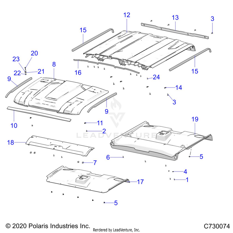 An Image of a Genuine Polaris Parts Schematic Diagram showing the schematic - BODY: ROOF - 2024 POLARIS RANGER 1000 XP NORTHSTAR ULTIMATE CREW