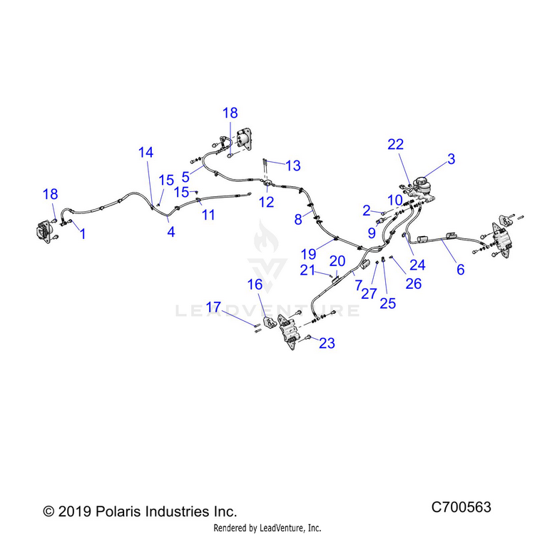 An Image of a Genuine Polaris Parts Schematic Diagram showing the schematic - BRAKES: BRAKE LINES & MASTER CYLINDER - 2020 POLARIS RANGER CREW XP 1000 NORTHSTAR FC