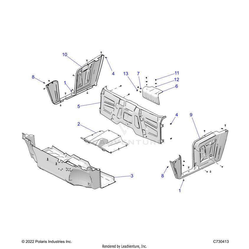 An Image of a Genuine Polaris Parts Schematic Diagram showing the schematic - BODY: FLOOR & FENDERS - 2023 POLARIS RANGER 570 FULL SIZE