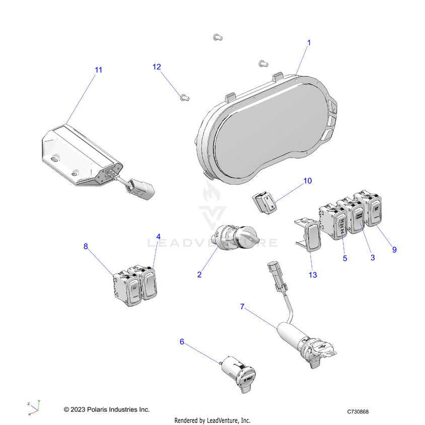 An Image of a Genuine Polaris Parts Schematic Diagram showing the schematic - ELECTRICAL: DASH INSTRUMENTS - 2023 POLARIS RANGER EV FULL SIZE PREMIUM