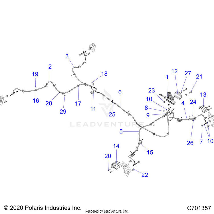 An Image of a Genuine Polaris Parts Schematic Diagram showing the schematic - BRAKES: BRAKE LINES AND MASTER CYLINDER - 2021 POLARIS GENERAL XP 1000 DELUXE RIDE COMMAND TRAIL