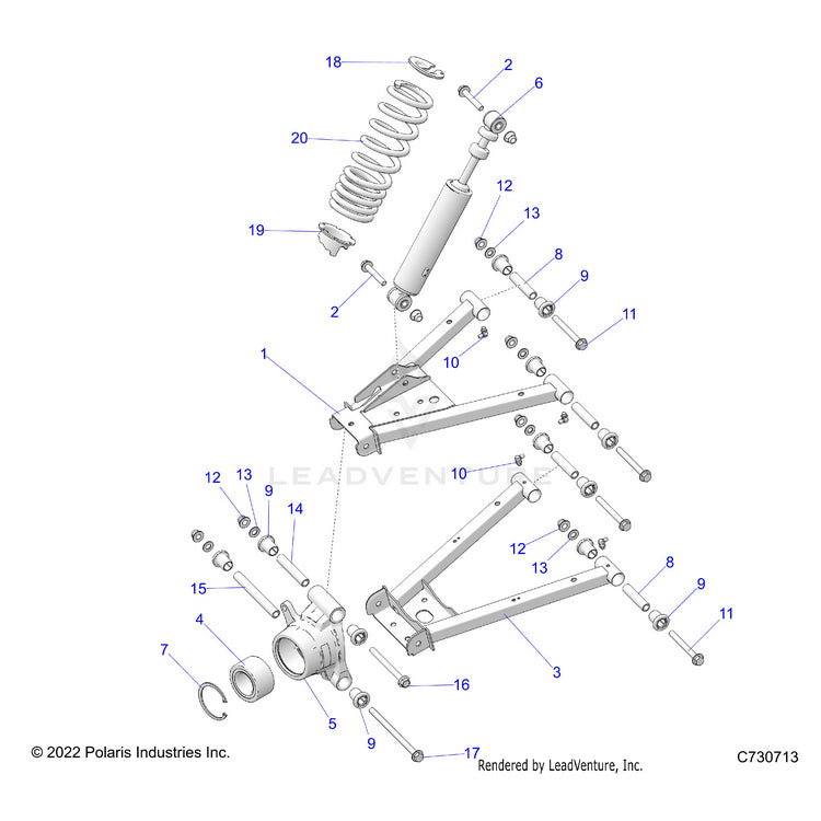 An Image of a Genuine Polaris Parts Schematic Diagram showing the schematic - SUSPENSION: REAR - 2023 POLARIS RANGER 570 CREW FULL SIZE