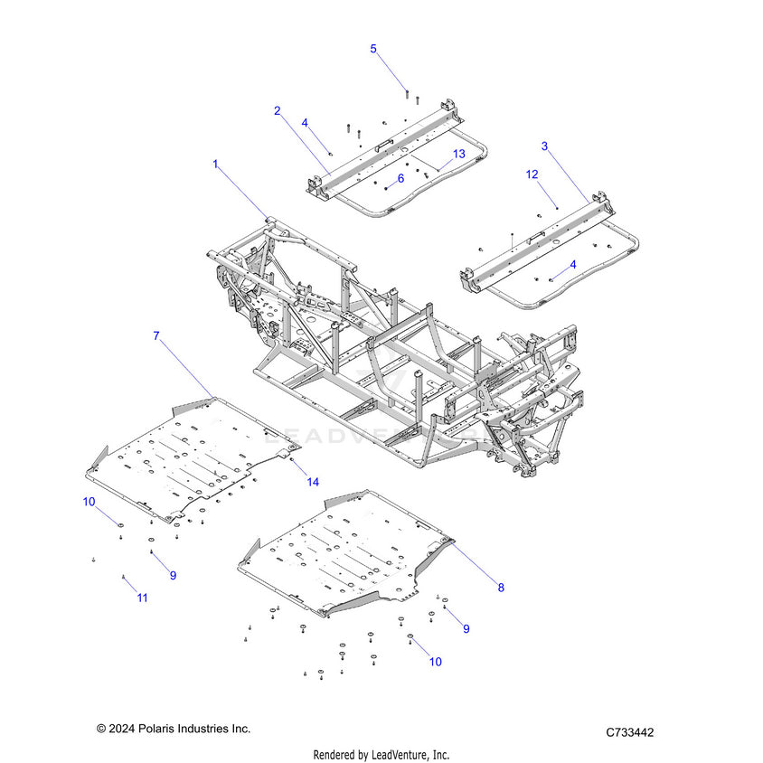 An Image of a Genuine Polaris Parts Schematic Diagram showing the schematic - CHASSIS: FRAME - 2025 POLARIS RANGER 570 CREW
