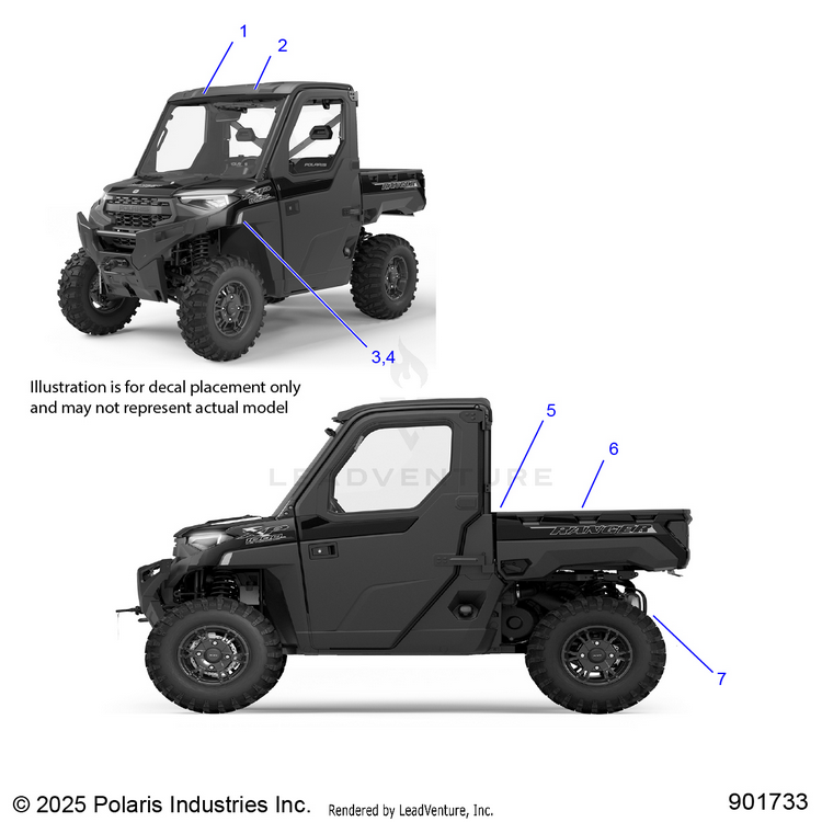 An Image of a Genuine Polaris Parts Schematic Diagram showing the schematic - BODY: DECALS GENERAL - 2026 POLARIS RANGER 1000 XP NORTHSTAR ULTIMATE