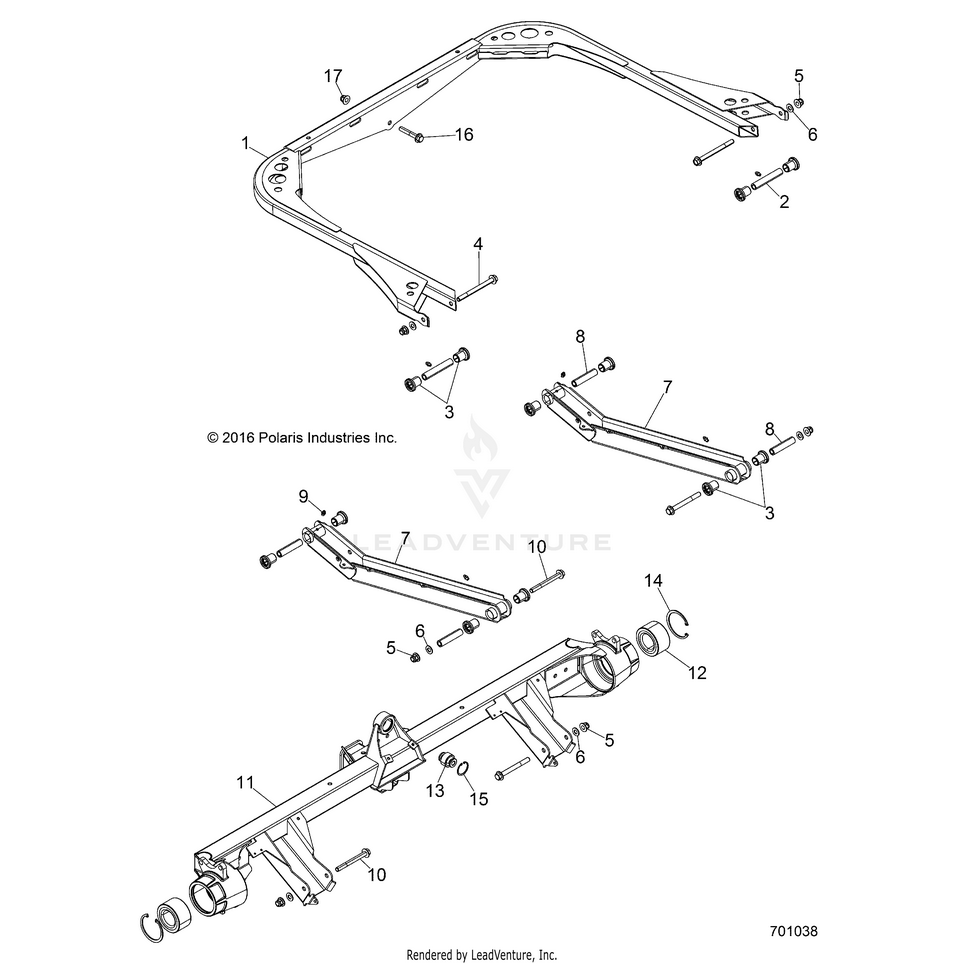 An Image of a Genuine Polaris Parts Schematic Diagram showing the schematic - SUSPENSION: REAR - 2016 POLARIS RANGER HST