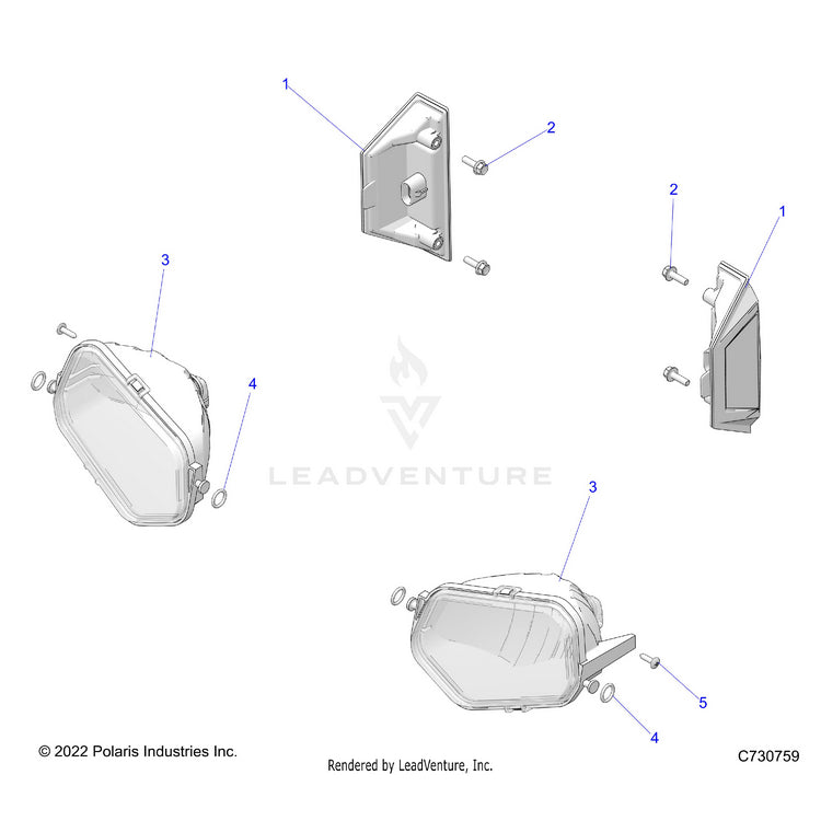 An Image of a Genuine Polaris Parts Schematic Diagram showing the schematic - ELECTRICAL: HEADLIGHTS TAILLIGHTS & BULBS - 2025 POLARIS RANGER 570 CREW FULL SIZE