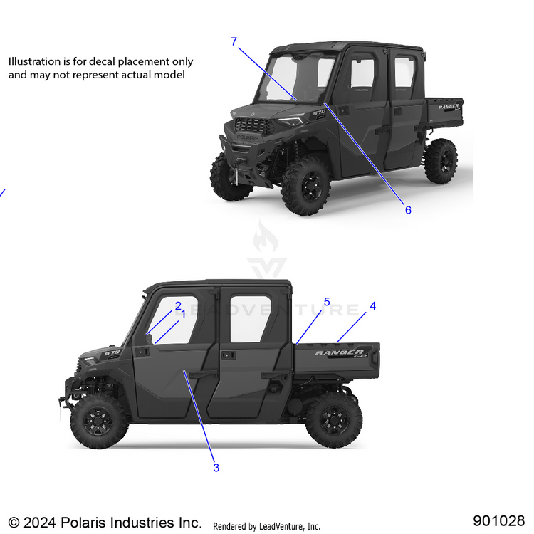 An Image of a Genuine Polaris Parts Schematic Diagram showing the schematic - BODY: DECALS GENERAL - 2024 POLARIS RANGER 570 CREW NORTHSTAR