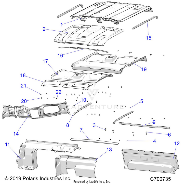 An Image of a Genuine Polaris Parts Schematic Diagram showing the schematic - OPTION: ROOF SPORT REAR CLOSE COVER & DASH - 2020 POLARIS RANGER CREW XP 1000 BACK COUNTRY FACTORY CHOICE