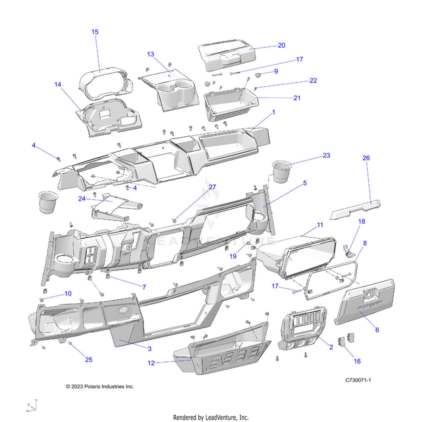 An Image of a Genuine Polaris Parts Schematic Diagram showing the schematic - BODY: DASH - 2024 POLARIS RANGER 1000 XP CREW NORTHSTAR