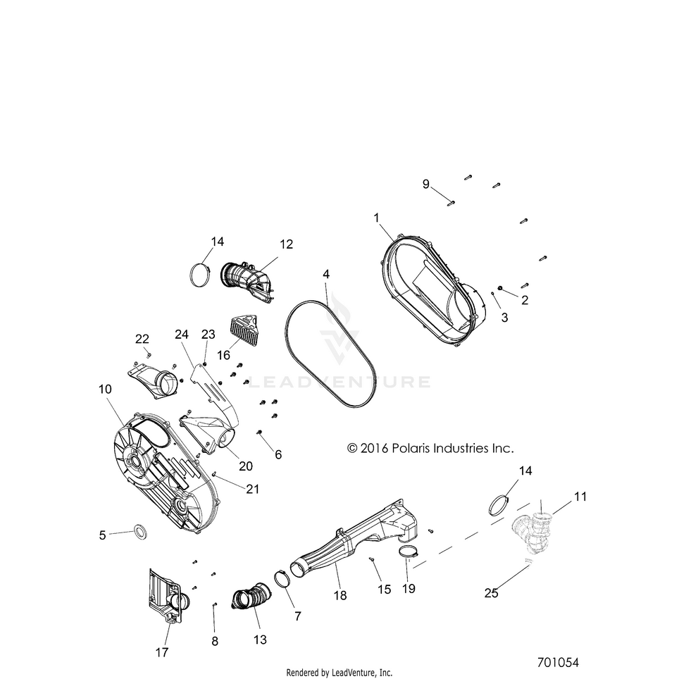 An Image of a Genuine Polaris Parts Schematic Diagram showing the schematic - DRIVE TRAIN: CLUTCH COVER & DUCTING - 2019 POLARIS RANGER 900 XP
