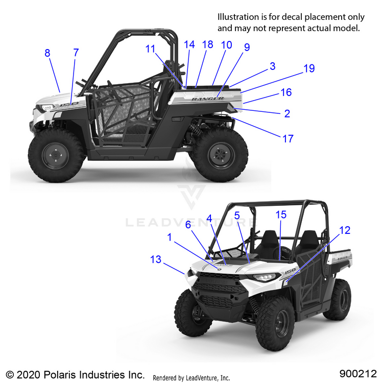 An Image of a Genuine Polaris Parts Schematic Diagram showing the schematic - BODY: DECALS - 2021 POLARIS RANGER 150 EFI