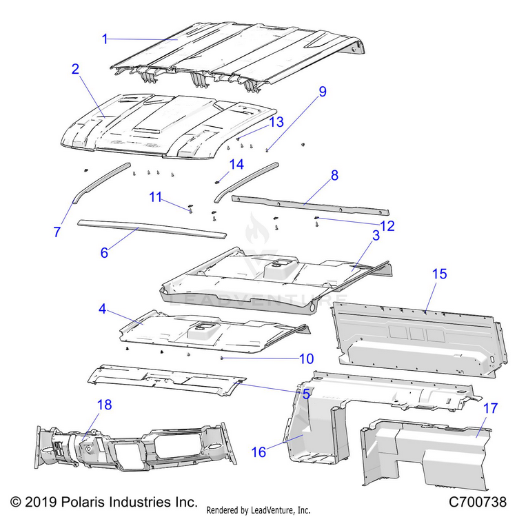 An Image of a Genuine Polaris Parts Schematic Diagram showing the schematic - OPTION: ROOF PREM PREP REAR CLOSE OFF COVER & DASH - 2020 POLARIS RANGER CREW XP 1000 BACK COUNTRY FACTORY CHOICE
