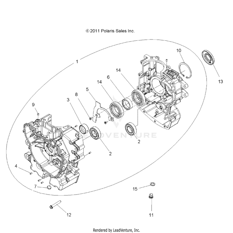 An Image of a Genuine Polaris Parts Schematic Diagram showing the schematic - ENGINE: CRANKCASE - 2015 POLARIS RANGER CREW 570 EFI