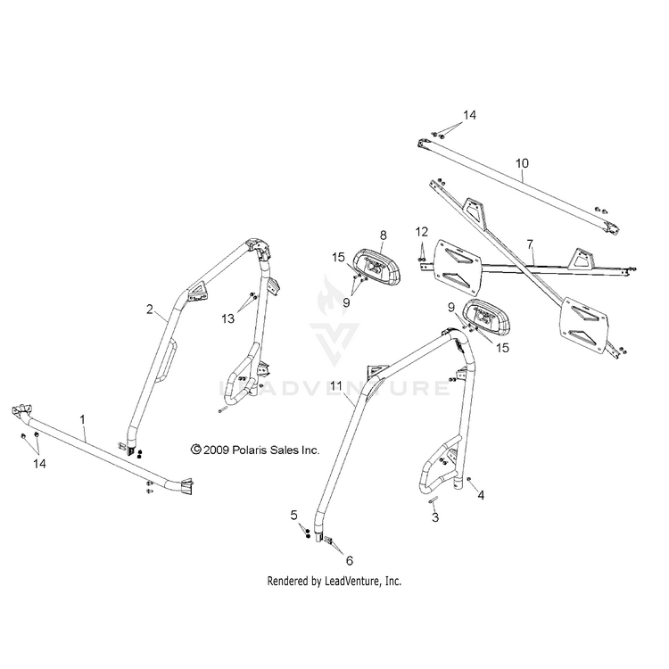 An Image of a Genuine Polaris Parts Schematic Diagram showing the schematic - CHASSIS: CAB FRAME - 2016 POLARIS RANGER 800 6X6