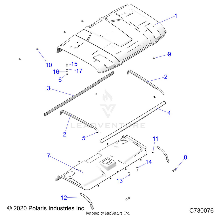 An Image of a Genuine Polaris Parts Schematic Diagram showing the schematic - BODY: ROOF - 2021 POLARIS RANGER XP 1000 EPS NORTHSTAR