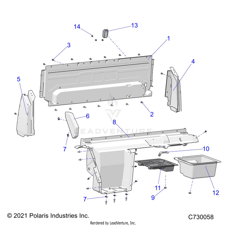 An Image of a Genuine Polaris Parts Schematic Diagram showing the schematic - BODY: REAR CLOSEOFF & FENDERS - 2022 POLARIS RANGER XP 1000 WATERFOWL EVAP