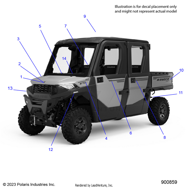 An Image of a Genuine Polaris Parts Schematic Diagram showing the schematic - BODY: DECALS GRAPHIC - 2023 POLARIS RANGER 570 CREW NORTHSTAR