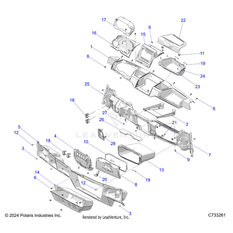 An Image of a Genuine Polaris Parts Schematic Diagram showing the schematic - BODY: DASH - 2025 POLARIS RANGER 1000 XP CREW NORTHSTAR ULTIMATE