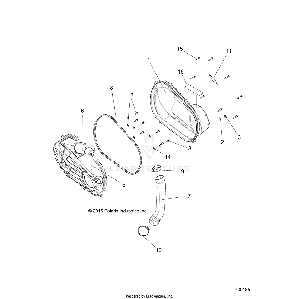 An Image of a Genuine Polaris Parts Schematic Diagram showing the schematic - DRIVE TRAIN: CLUTCH COVER & DUCTING - 2016 POLARIS RANGER ETX