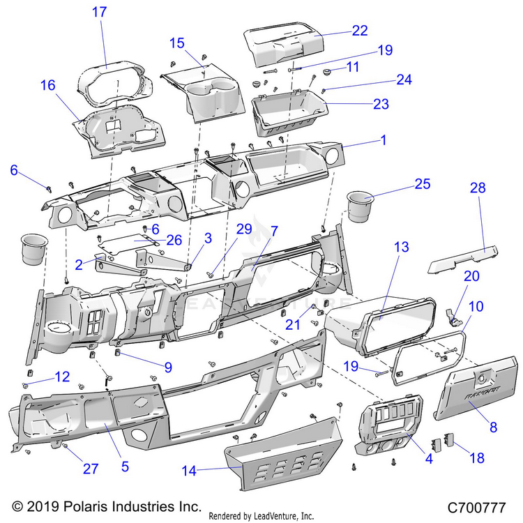 An Image of a Genuine Polaris Parts Schematic Diagram showing the schematic - BODY: DASH - 2023 POLARIS RANGER XP 1000 PREMIUM