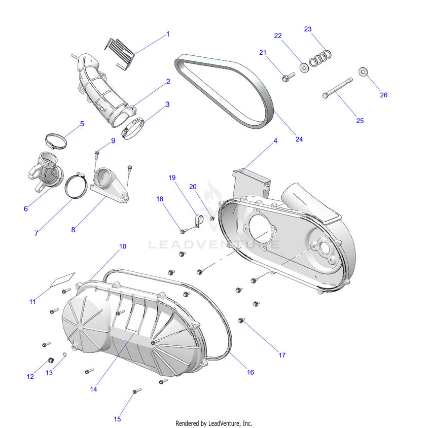 An Image of a Genuine Polaris Parts Schematic Diagram showing the schematic - DRIVE TRAIN: CLUTCH COVER & DUCTING - 2026 POLARIS RANGER 500