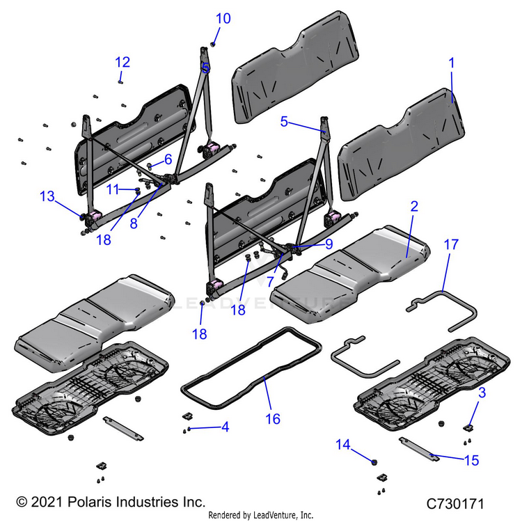An Image of a Genuine Polaris Parts Schematic Diagram showing the schematic - BODY: SEAT - 2022 POLARIS RANGER CREW 570 NORTHSTAR