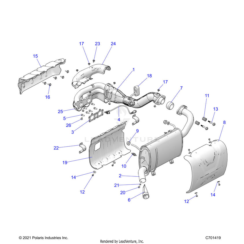 An Image of a Genuine Polaris Parts Schematic Diagram showing the schematic - ENGINE: EXHAUST SYSTEM - 2022 POLARIS RANGER CREW XP 1000 NORTHSTAR ULTIMATE BIG GAME