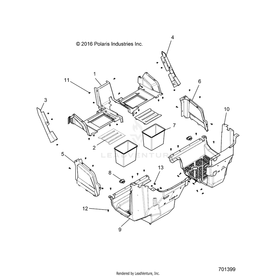 An Image of a Genuine Polaris Parts Schematic Diagram showing the schematic - BODY: FRONT CLOSEOFF AND FLOOR - 2020 POLARIS GENERAL XP 4 1000 RIDE COMMAND