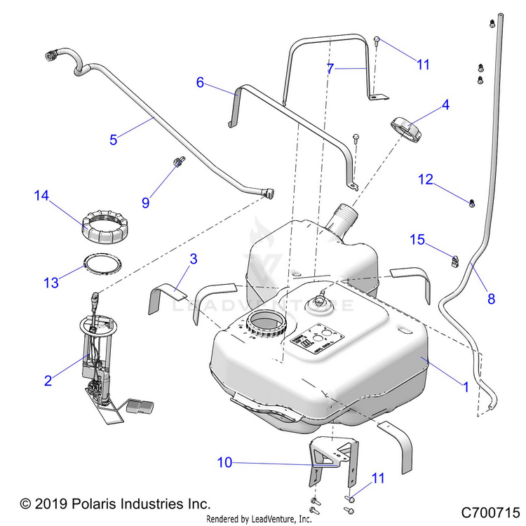 An Image of a Genuine Polaris Parts Schematic Diagram showing the schematic - BODY: FUEL TANK - 2020 POLARIS RANGER CREW XP 1000 EPS HIGH LIFTER