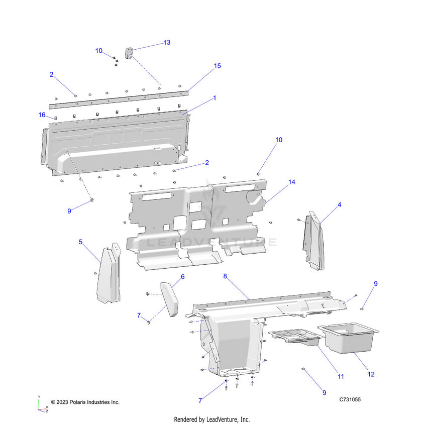 An Image of a Genuine Polaris Parts Schematic Diagram showing the schematic - BODY: REAR CLOSEOFF & FENDERS - 2023 POLARIS RANGER EV FULL SIZE PREMIUM
