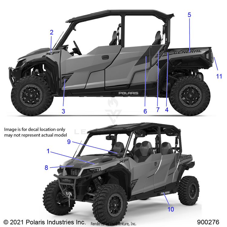 An Image of a Genuine Polaris Parts Schematic Diagram showing the schematic - BODY: DECALS - 2021 POLARIS GENERAL XP 4 1000 DELUXE RIDE COMMAND TRAIL