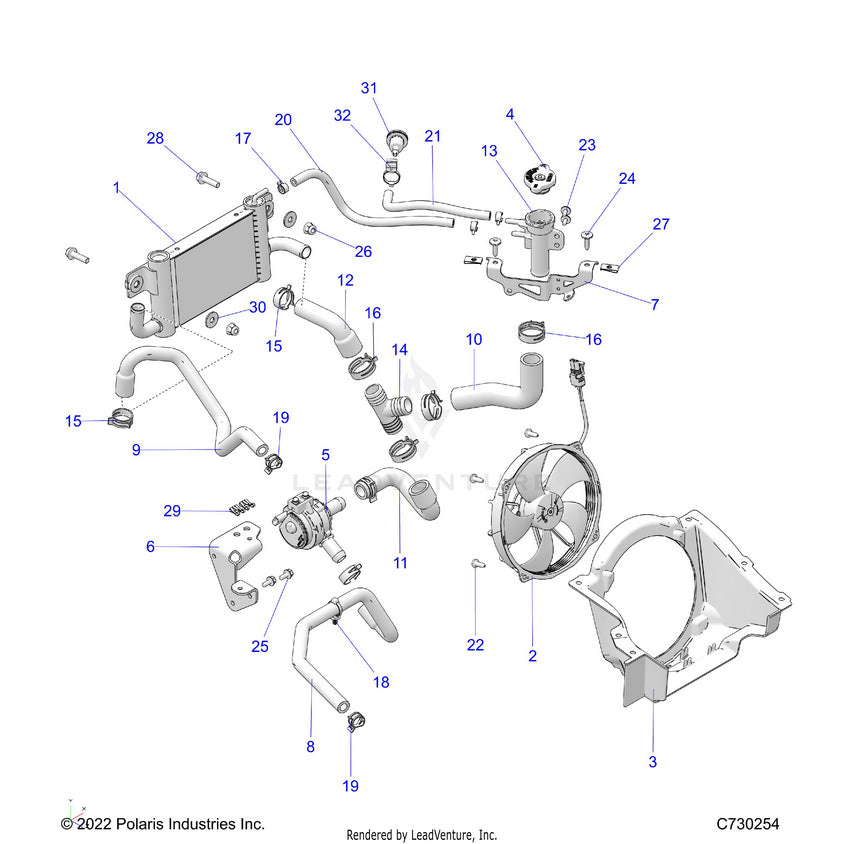 An Image of a Genuine Polaris Parts Schematic Diagram showing the schematic - ENGINE: COOLING PT - 2023 POLARIS RANGER EV FULL SIZE PREMIUM