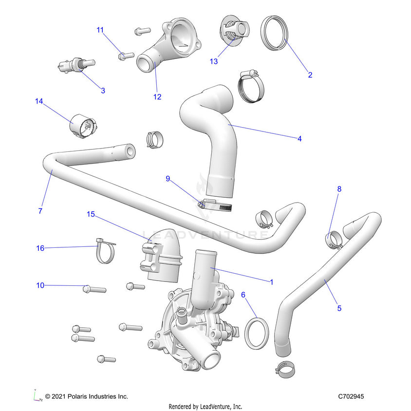 An Image of a Genuine Polaris Parts Schematic Diagram showing the schematic - ENGINE: WATERPUMP & BYPASS - 2022 POLARIS RANGER CREW XP 1000 BIG GAME EVAP