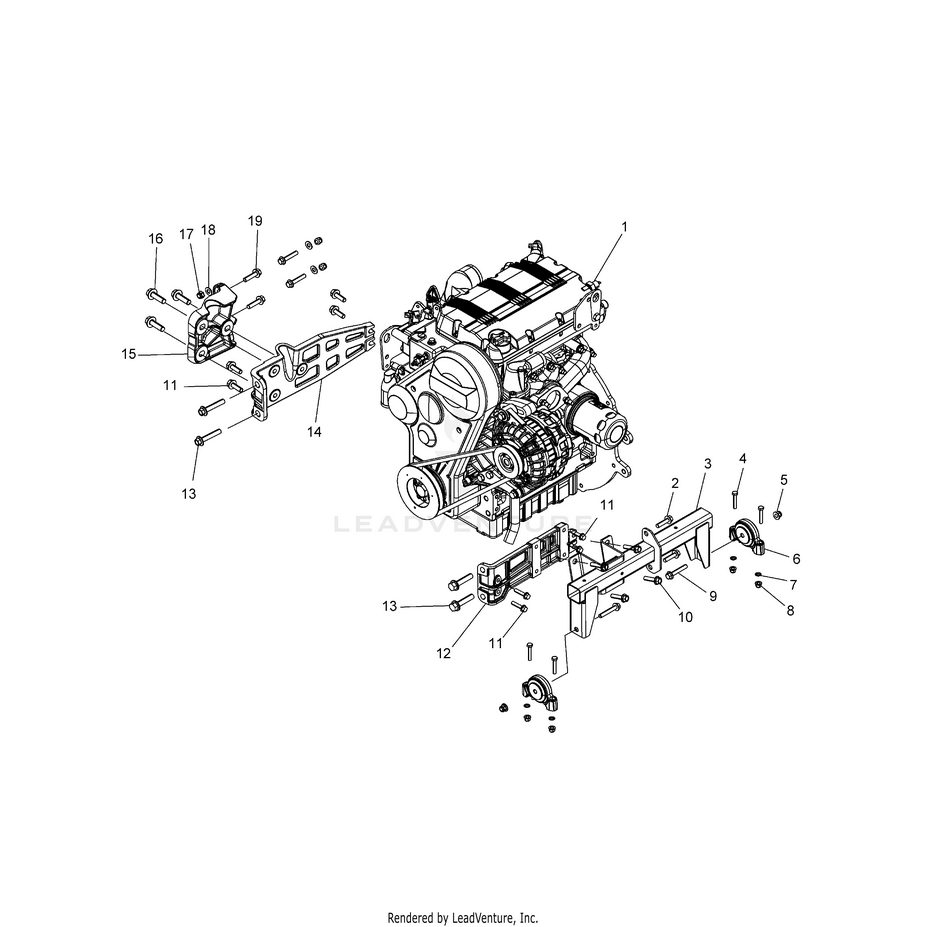An Image of a Genuine Polaris Parts Schematic Diagram showing the schematic - ENGINE: MOUNTING & LONG BLOCK - 2015 POLARIS RANGER 1000 DIESEL