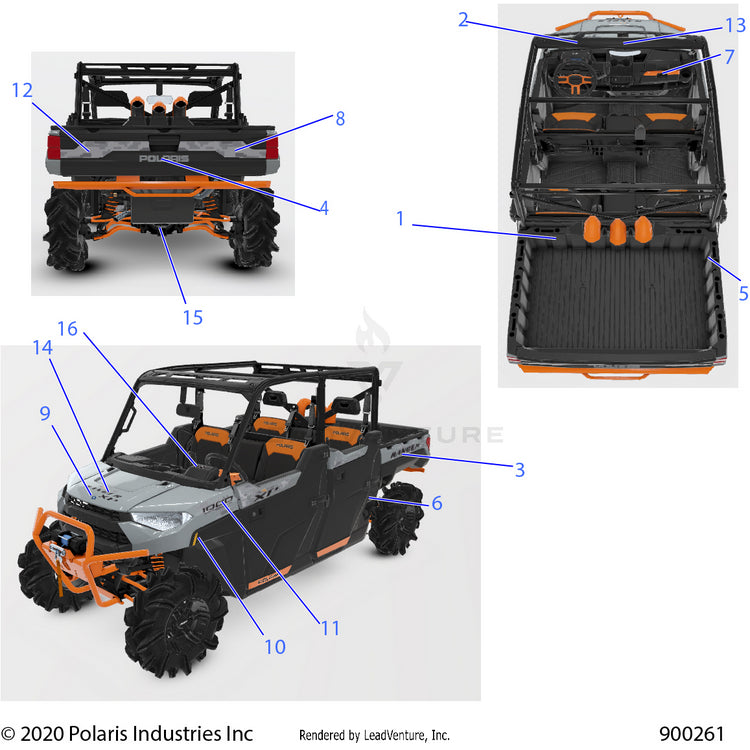 An Image of a Genuine Polaris Parts Schematic Diagram showing the schematic - BODY: DECALS - 2021 POLARIS RANGER CREW XP 1000 WATERFOWL EVAP