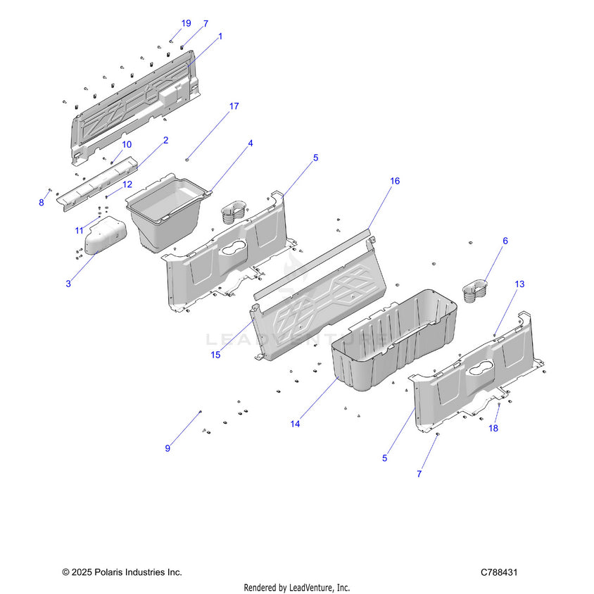An Image of a Genuine Polaris Parts Schematic Diagram showing the schematic - BODY: FLOORS CLOSEOFFS & BINS - 2026 POLARIS RANGER 570 CREW EPS