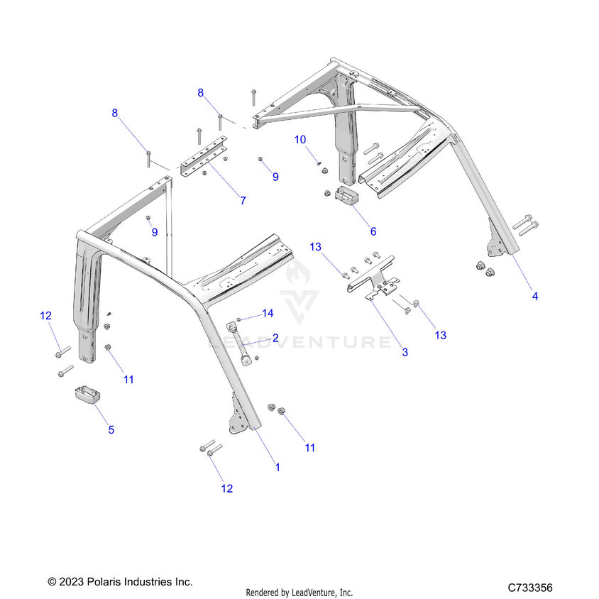 An Image of a Genuine Polaris Parts Schematic Diagram showing the schematic - CHASSIS: CAB FRAME - 2025 POLARIS RANGER XD 1500 NORTHSTAR ULTIMATE