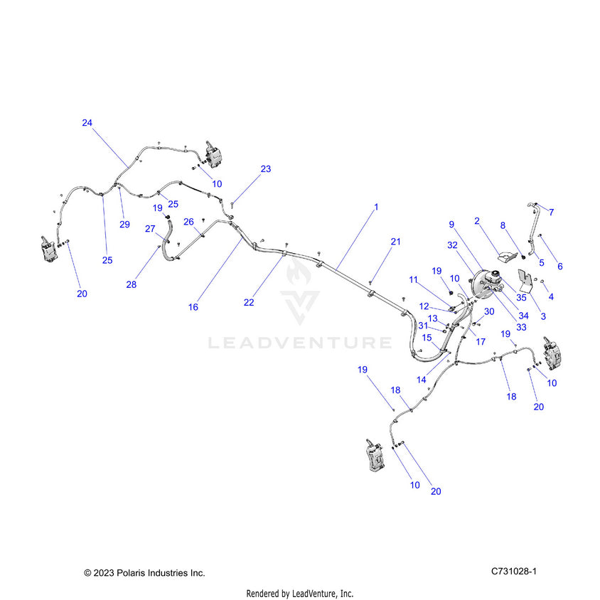 An Image of a Genuine Polaris Parts Schematic Diagram showing the schematic - BRAKES: BRAKE LINES & MASTER CYLINDER - 2024 POLARIS RANGER XD 1500 PREMIUM CREW