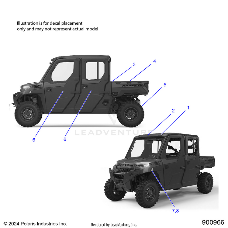 An Image of a Genuine Polaris Parts Schematic Diagram showing the schematic - BODY: DECALS GENERAL - 2025 POLARIS RANGER 1000 XP CREW NORTHSTAR PREMIUM TIP OUT WINDSHIELD