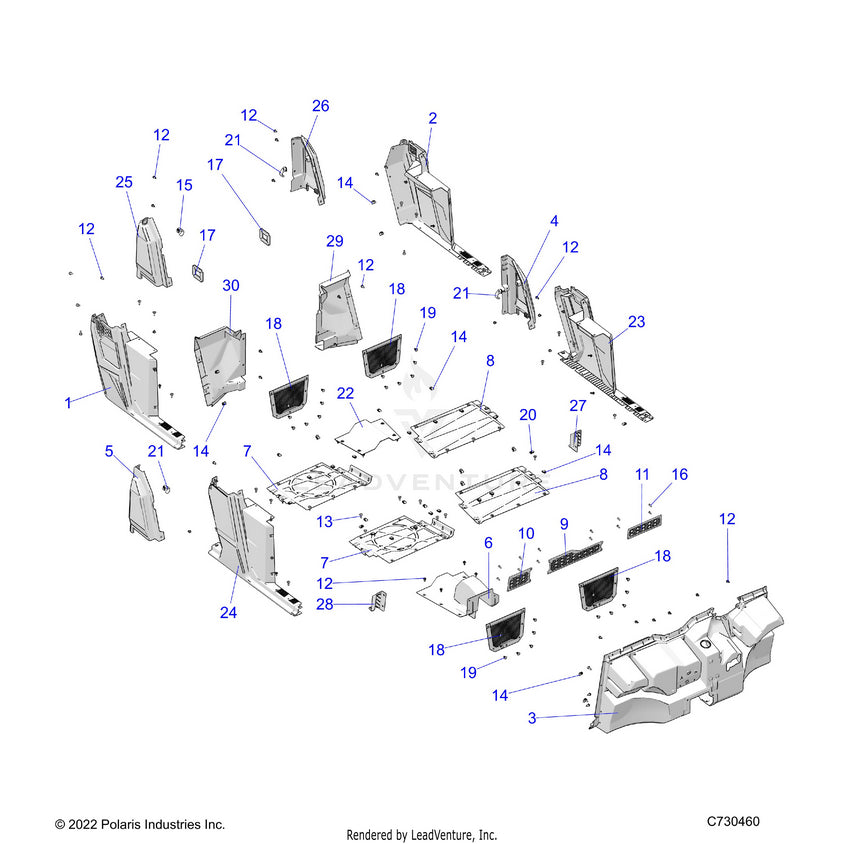 An Image of a Genuine Polaris Parts Schematic Diagram showing the schematic - BODY: FLOOR & ROCKERS - 2023 POLARIS RANGER 570 CREW