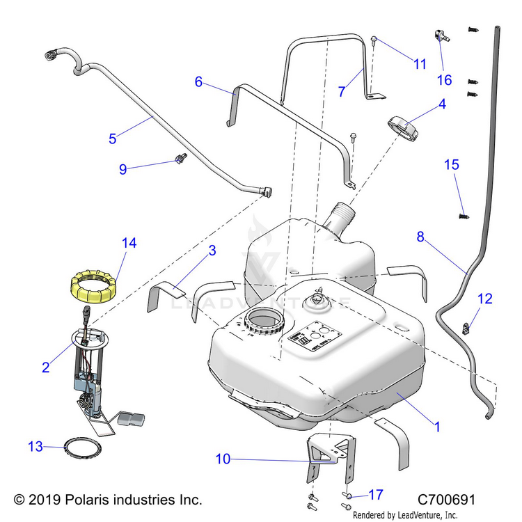 An Image of a Genuine Polaris Parts Schematic Diagram showing the schematic - BODY: FUEL TANK - 2021 POLARIS RANGER CREW XP 1000 BIG GAME EVAP