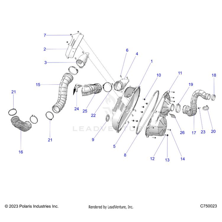 An Image of a Genuine Polaris Parts Schematic Diagram showing the schematic - DRIVE TRAIN: CLUTCH COVER AND DUCTING - 2024 POLARIS GENERAL XP 1000 PREMIUM