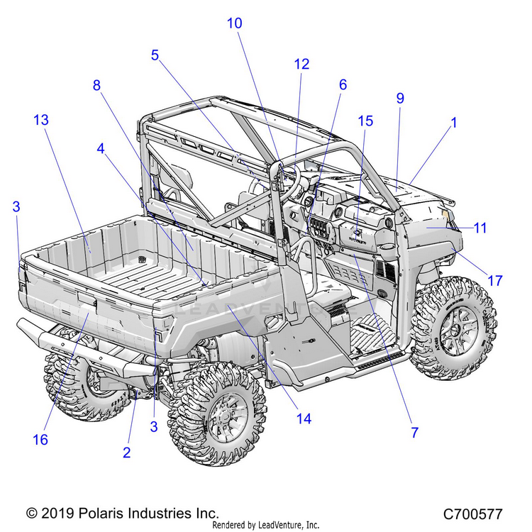 An Image of a Genuine Polaris Parts Schematic Diagram showing the schematic - BODY: DECALS - 2020 POLARIS RANGER 1000 FULL SIZE EPS FO