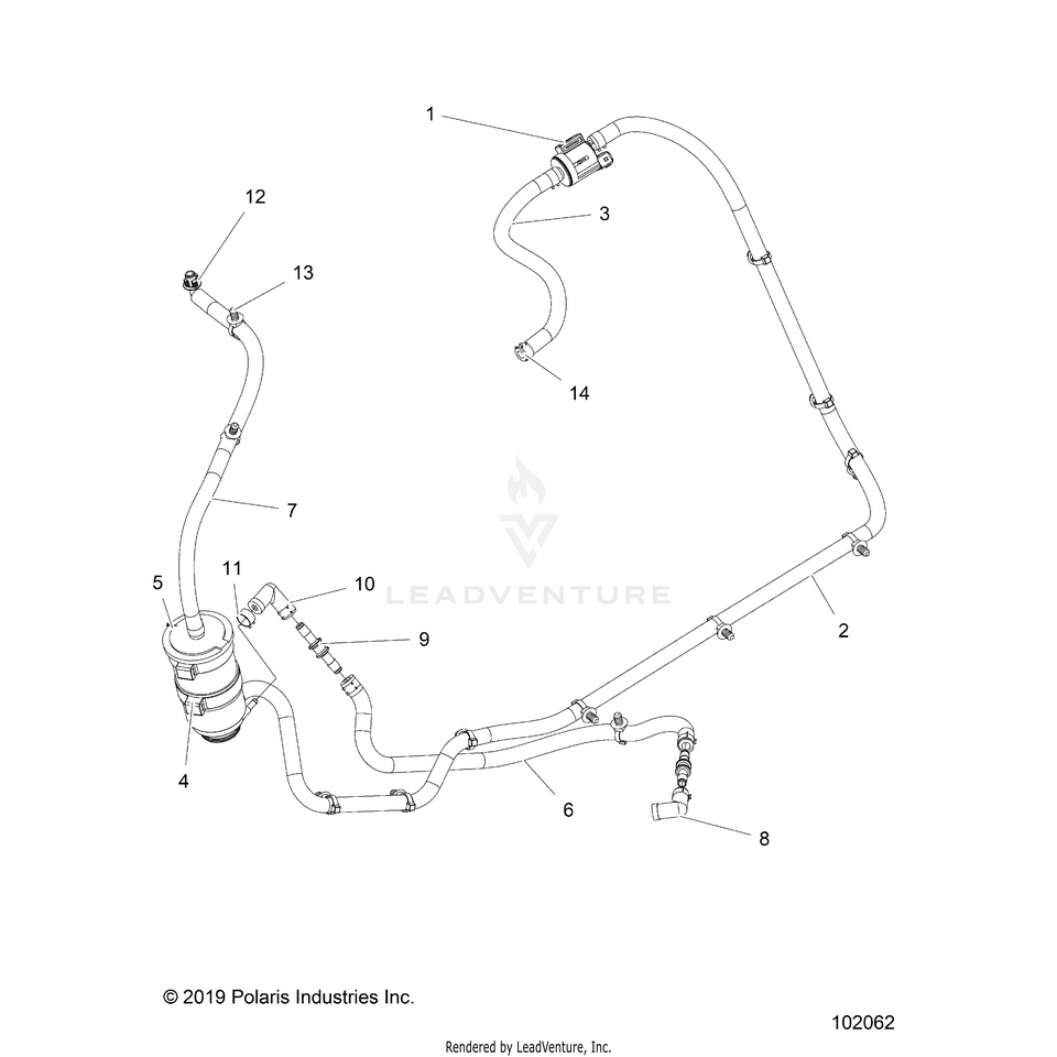 An Image of a Genuine Polaris Parts Schematic Diagram showing the schematic - BODY: FUEL TANK EVAP - 2020 POLARIS RANGER 150 EFI