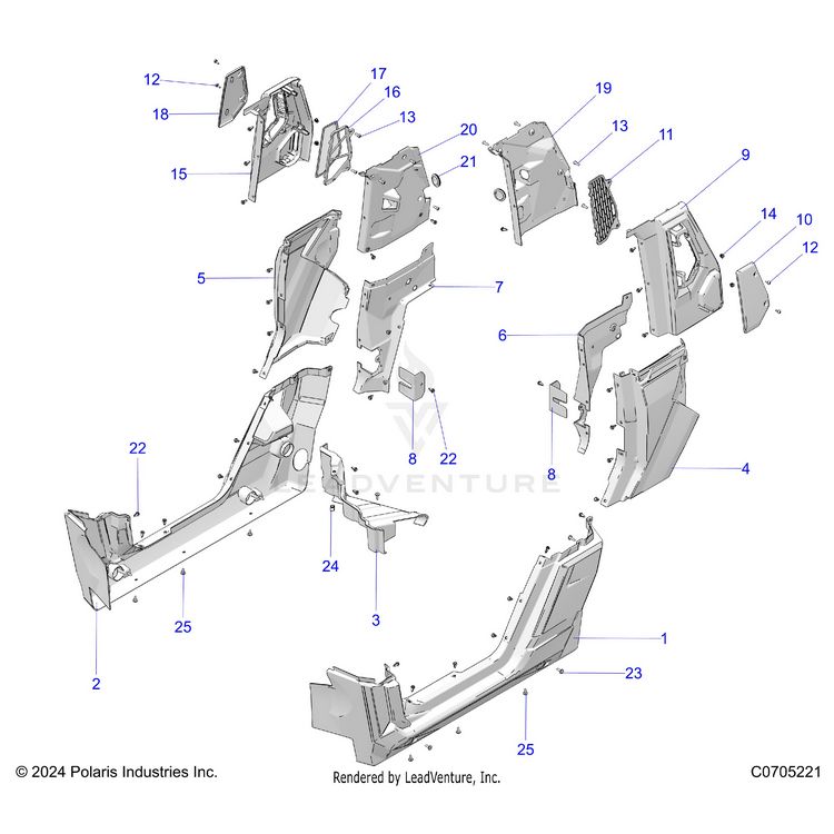 An Image of a Genuine Polaris Parts Schematic Diagram showing the schematic - BODY: LOWER ROCKERS REAR FENDERS PILLARS - 2026 POLARIS XPEDITION XP NORTHSTAR
