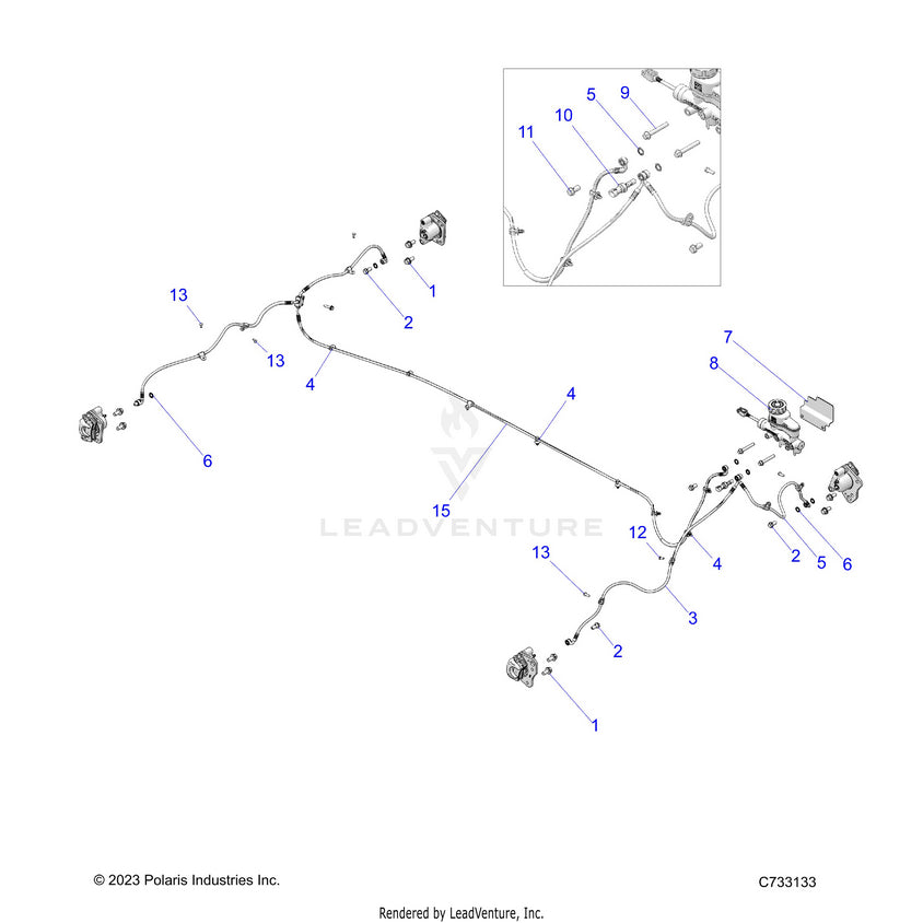 An Image of a Genuine Polaris Parts Schematic Diagram showing the schematic - BRAKES: BRAKE LINES & MASTER CYLINDER - 2025 POLARIS RANGER 570 NORTHSTAR